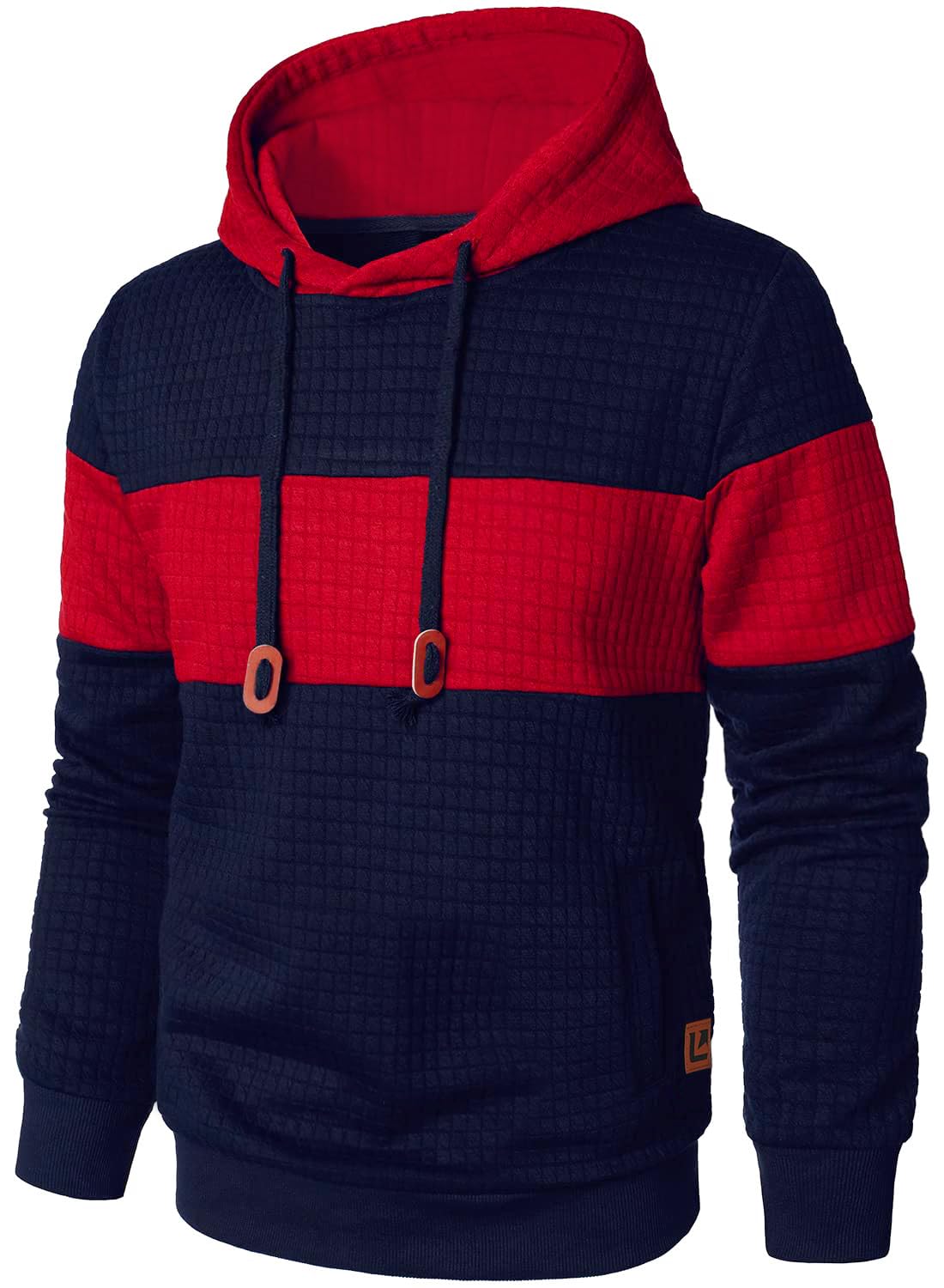 Qichic Men’s Sweatshirts Long Sleeve Pullover Patchwork Plaid Jacquard Hoodie Casual Drawstring Hoody Top