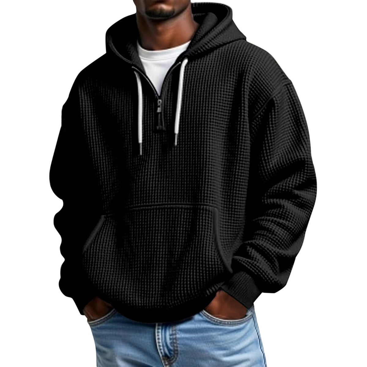 Mens Hoodies Pullover Quarter Zip Casaul Long Sleeve Drawstring Waffle Knit Hooded Sweatshirt with Pocket