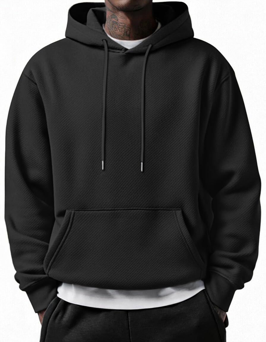 COOFANDY Men's Long Sleeve Hooded Sweatshirt Casual Lightweight Hoodies Pullover Textured Drawstring Hoodie with Kanga Pocket
