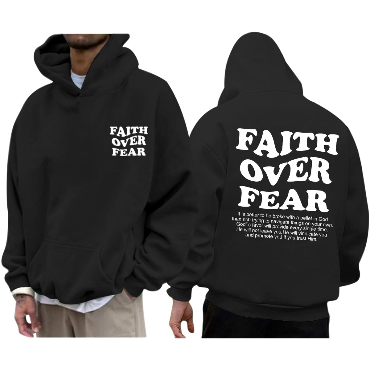 Faith Over Fear Hoodie Men Christian Jesus Sweatshirts Bible Verse Graphic Hoodies Inspirational Streetwear Pullover