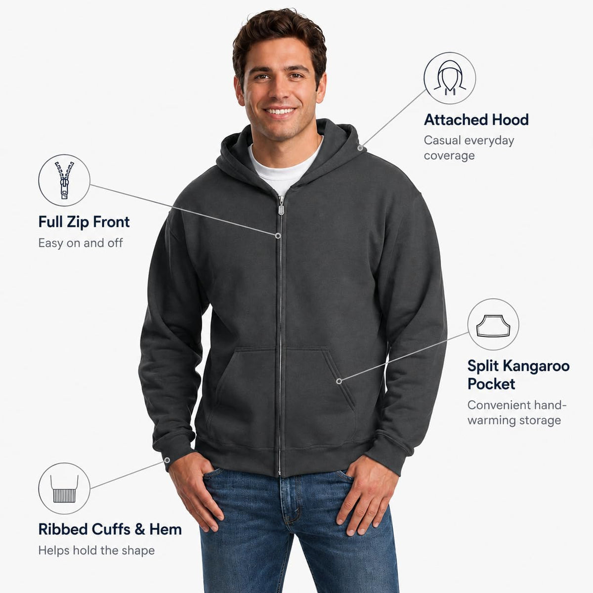 Zip Up Hoodie Men Fall Plain Hooded Sweatshirts Casual Jacket With Pockets