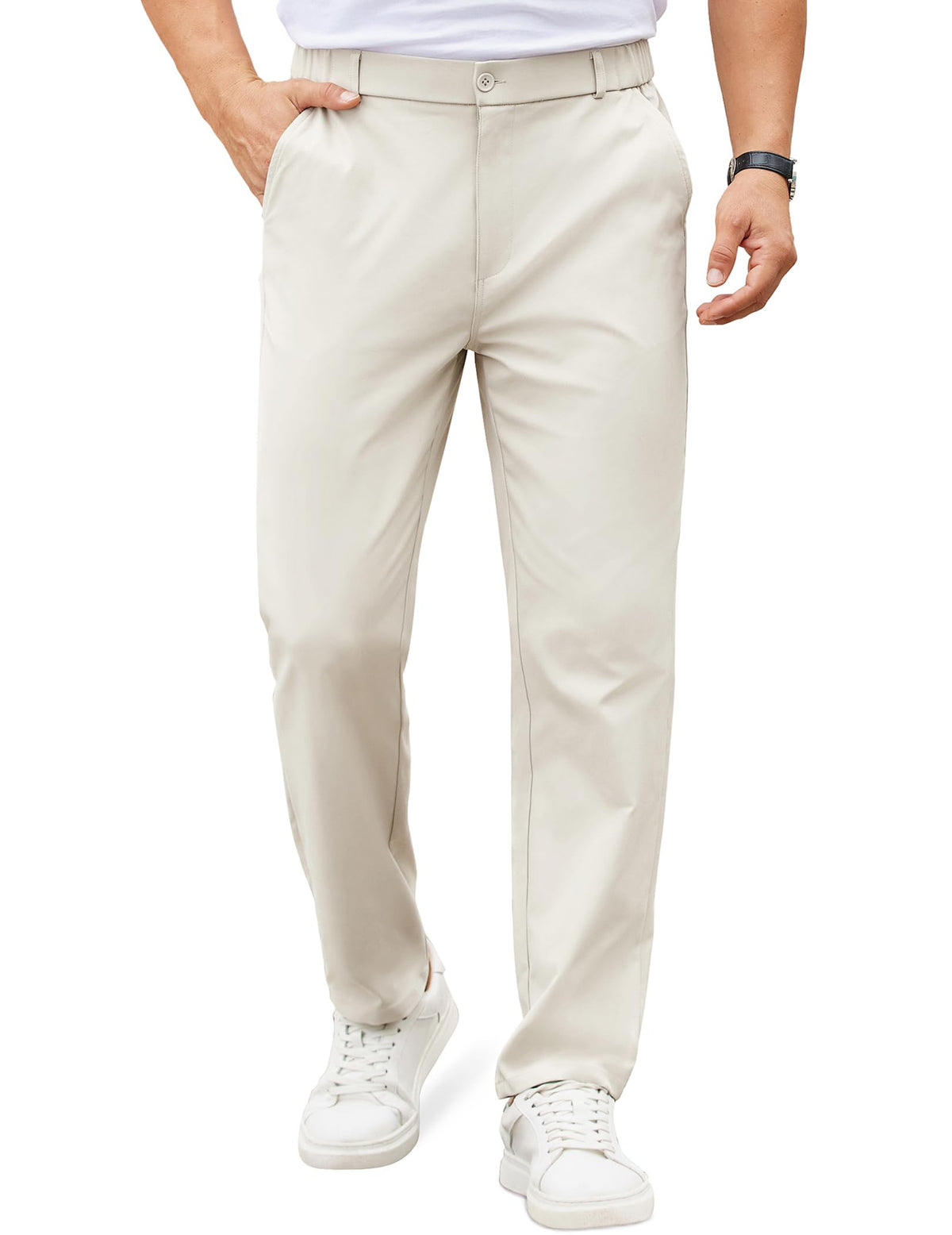 COOFANDY Mens Casual Chino Pants Elastic Waist Classic-Fit Dress Slacks