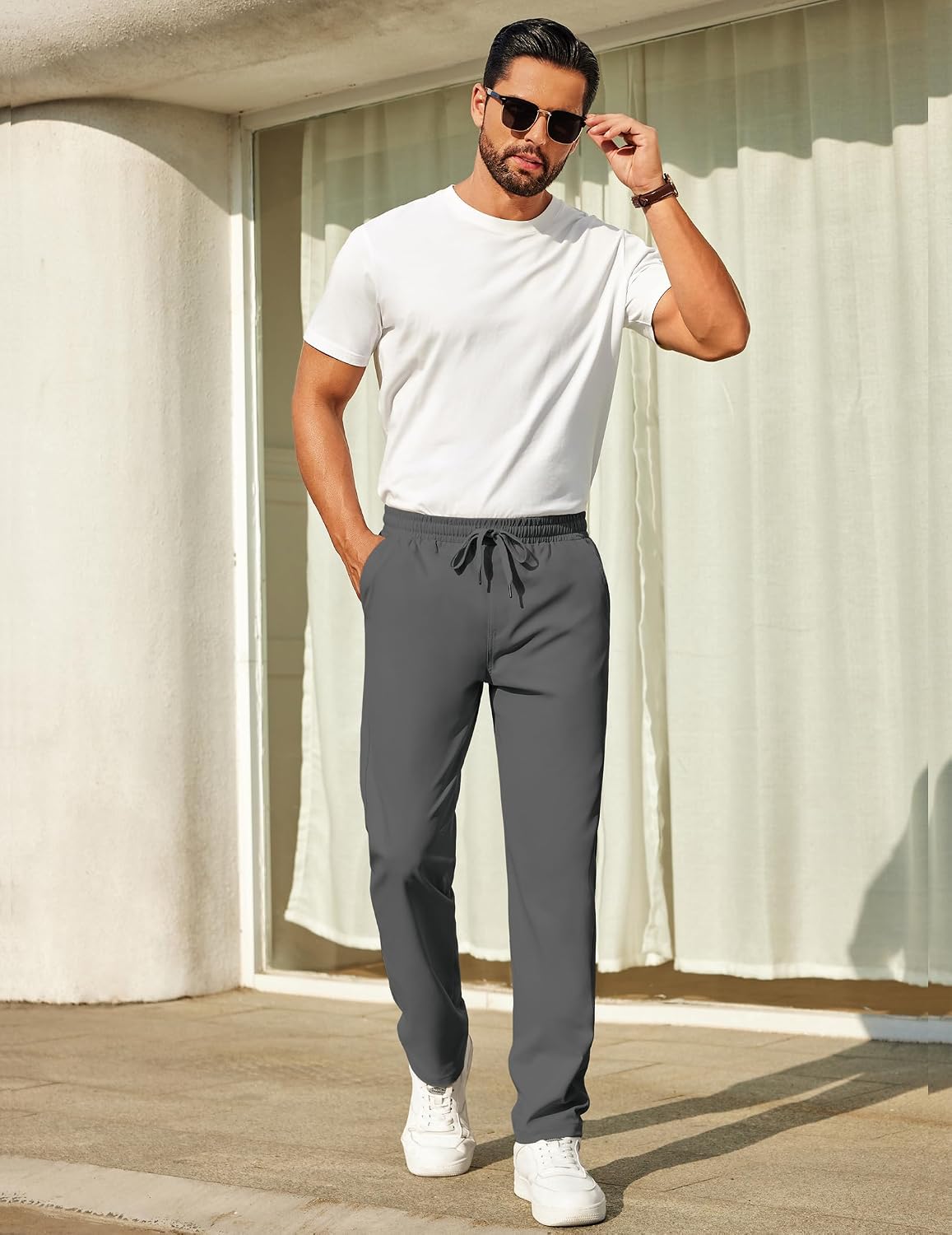 COOFANDY Mens Casual Pants Elastic Waist Chino Pants Lightweight Drawstring Pants with Pockets