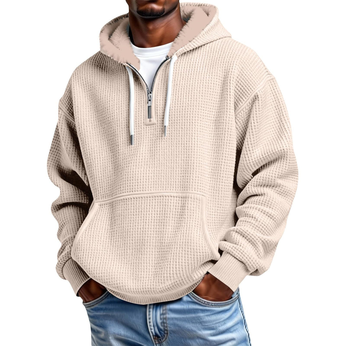 Mens Hoodies Pullover Quarter Zip Casaul Long Sleeve Drawstring Waffle Knit Hooded Sweatshirt with Pocket