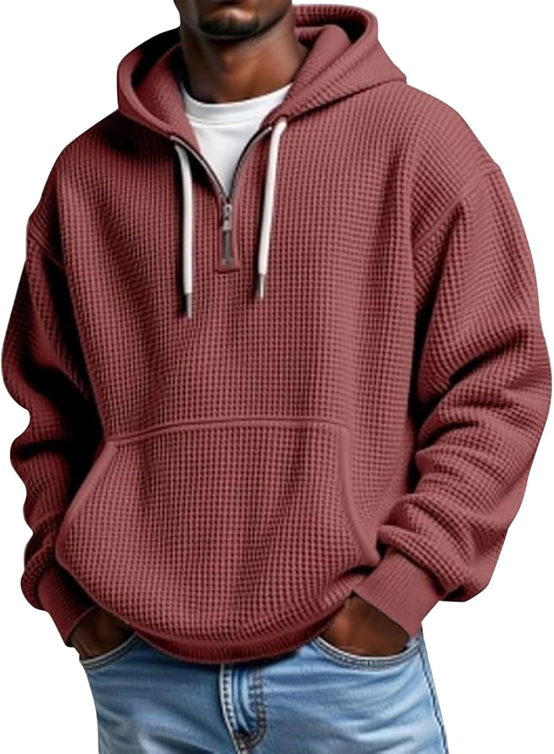 Mens Hoodies Pullover Quarter Zip Casaul Long Sleeve Drawstring Waffle Knit Hooded Sweatshirt with Pocket