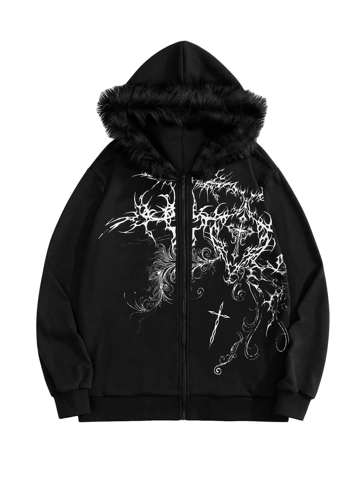 SOLY HUX Men's Y2K Grunge Zip Up Gothic Hoodie with Fur Hood