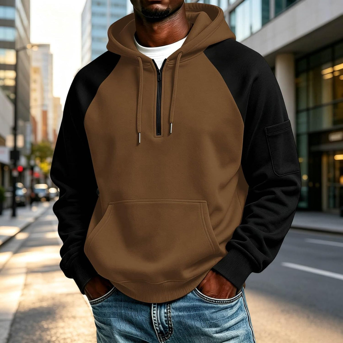 Quarter Zip Hoodies for Men Contrast Kangaroo Pocket Sweatshirt