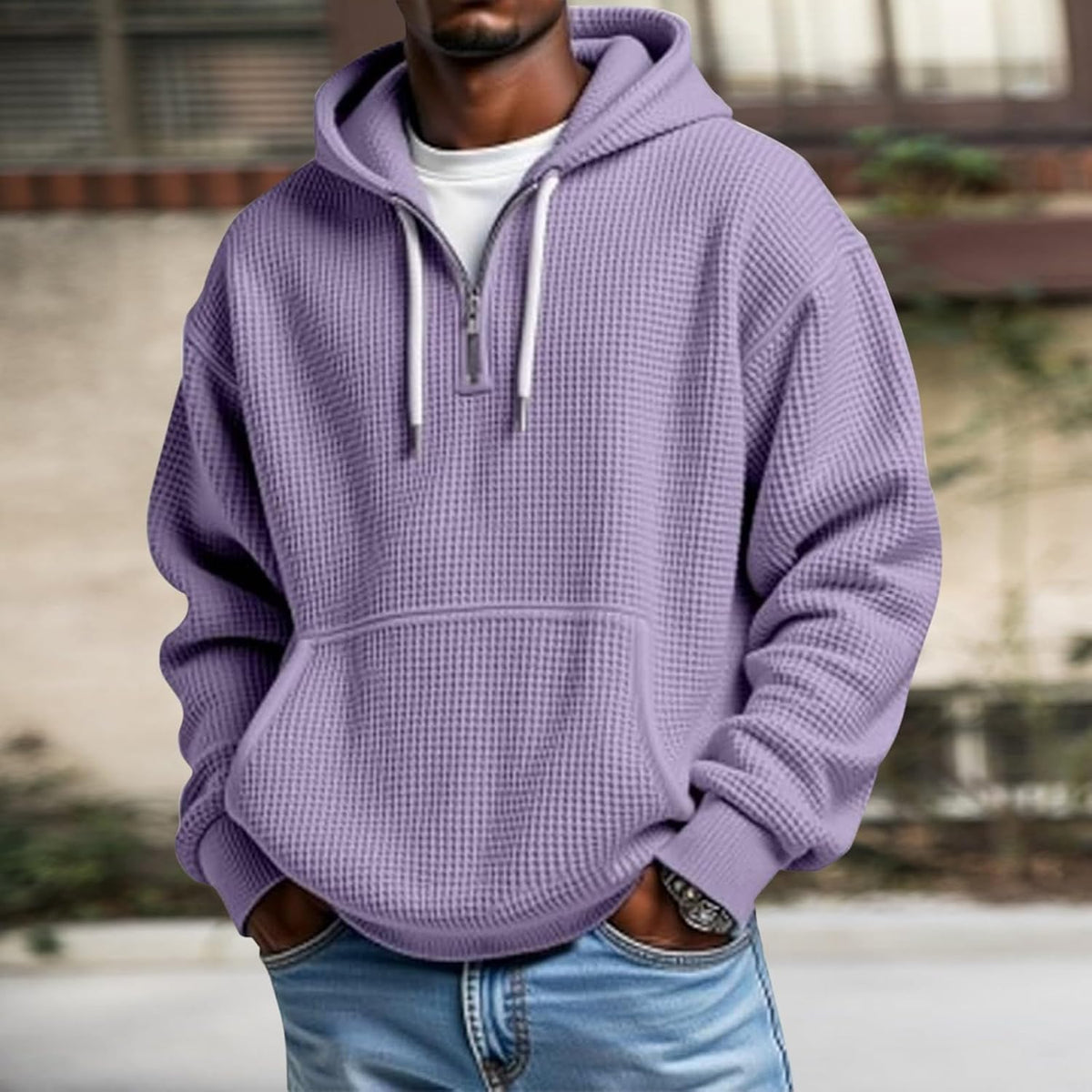 Mens Hoodies Pullover Quarter Zip Casaul Long Sleeve Drawstring Waffle Knit Hooded Sweatshirt with Pocket