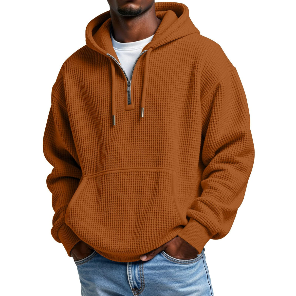 Mens Hoodies Pullover Quarter Zip Casaul Long Sleeve Drawstring Waffle Knit Hooded Sweatshirt with Pocket