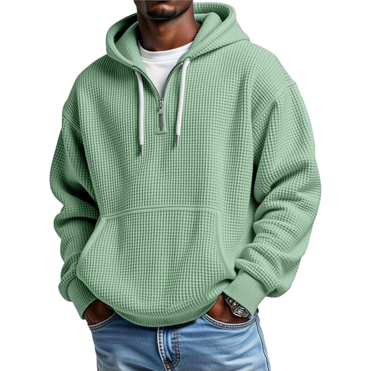 Hoodies for Men Waffle Quarter Zip Pullover Oversized Sweatshirt