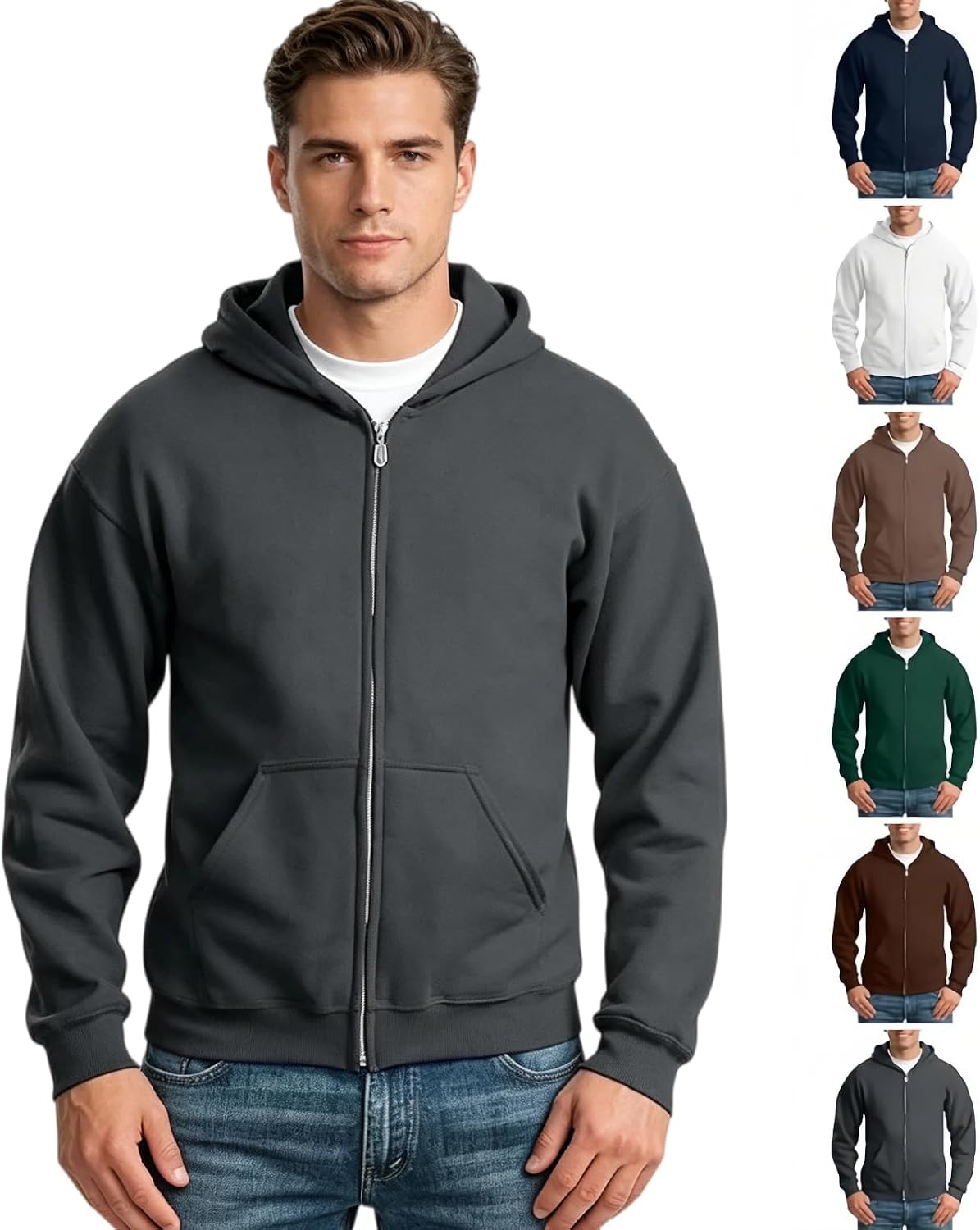 Zip Up Hoodie Men Fall Plain Hooded Sweatshirts Casual Jacket With Pockets