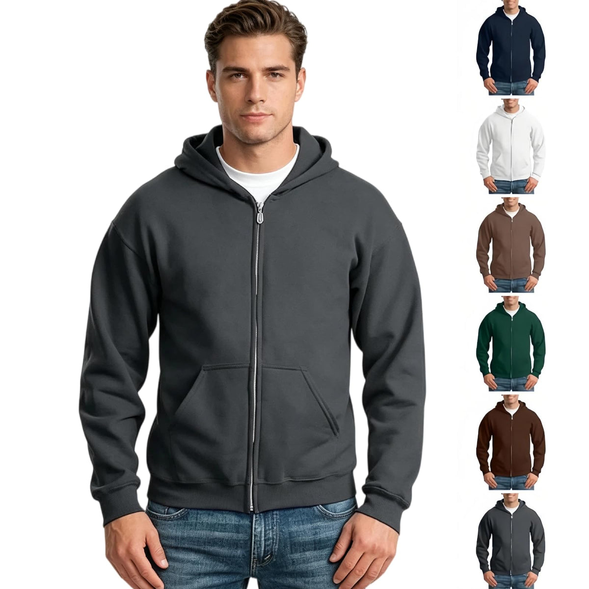 Zip Up Hoodie Men Fall Plain Hooded Sweatshirts Casual Jacket With Pockets