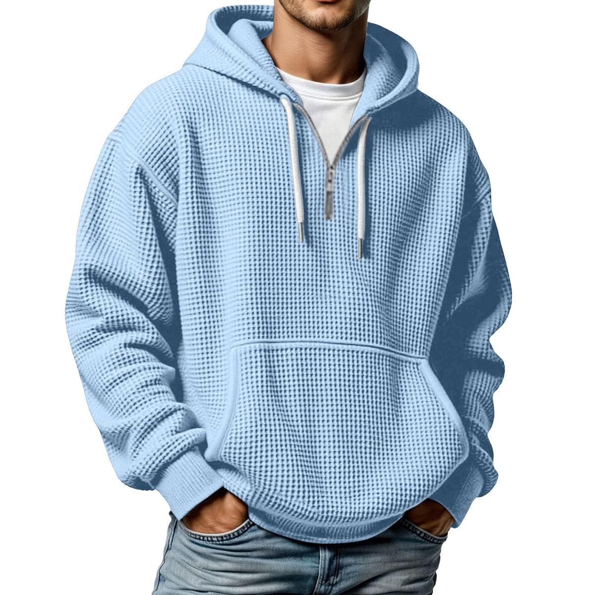 Quarter Zip Pullover Men Waffle Knit Hoodie Casual Long Sleeve Drop Shoulder Sweatshirt Fashion Loose Pullover