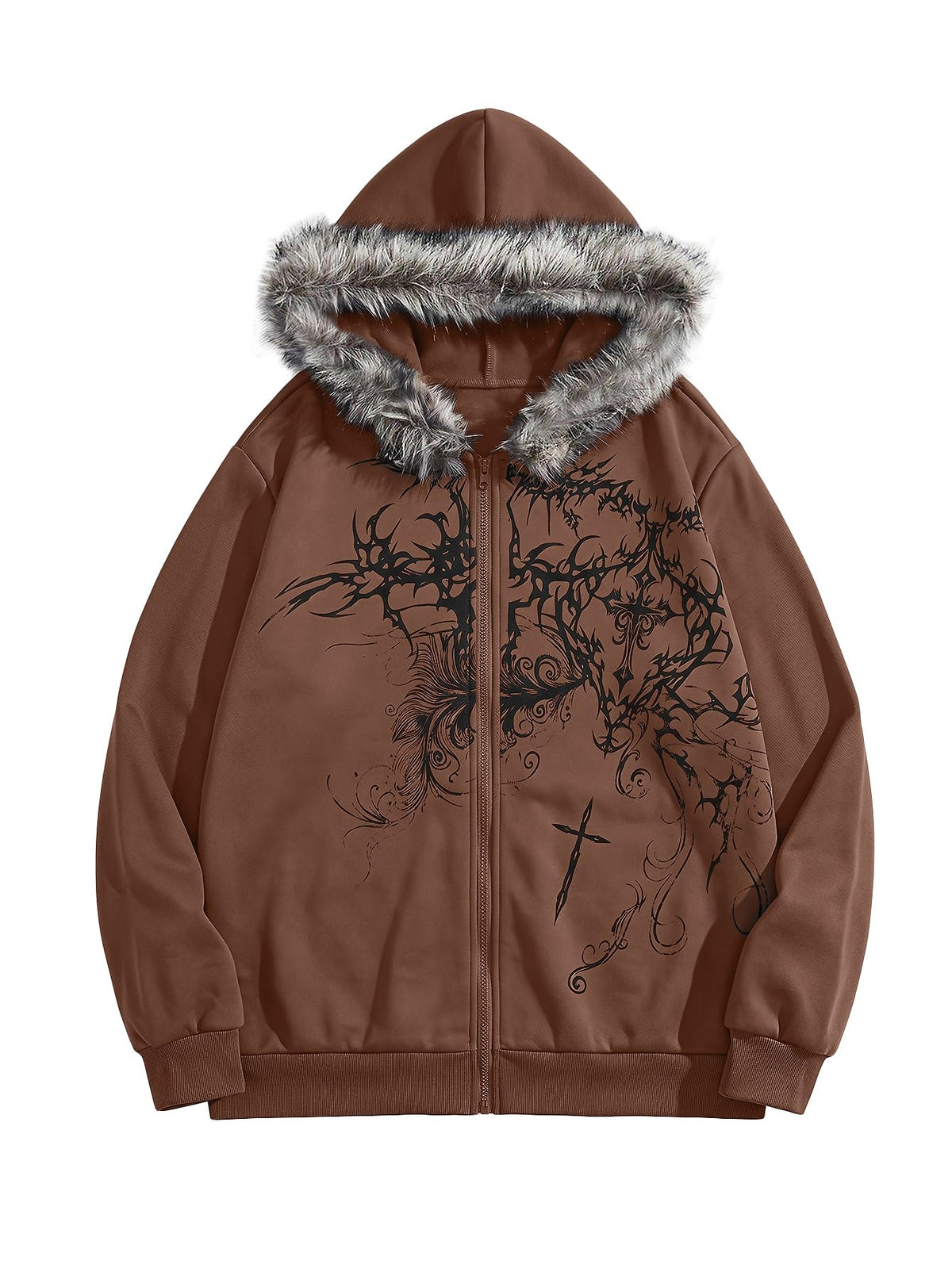 SOLY HUX Men's Y2K Grunge Zip Up Gothic Hoodie with Fur Hood