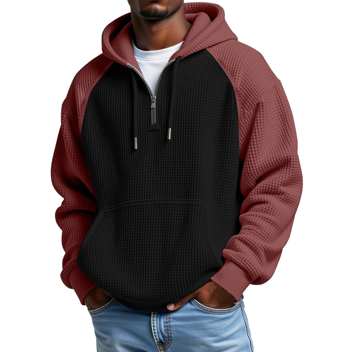 Mens Hoodies Pullover Quarter Zip Casaul Long Sleeve Drawstring Waffle Knit Hooded Sweatshirt with Pocket