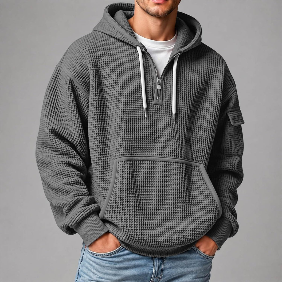 XS-5XL Men's Quarter Zip Hoodies Waffle Knit Pullover Long Sleeve Casual Sweatshirt Loose Fit Tops with Pockets