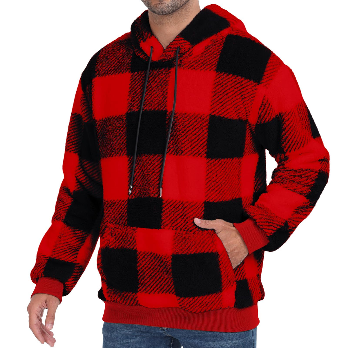 PEGENO Mens Fuzzy Sherpa Hoodie Pullover Sweatshirts Loose Cozy Pocket Long Sleeve Winter Hooded Outwear