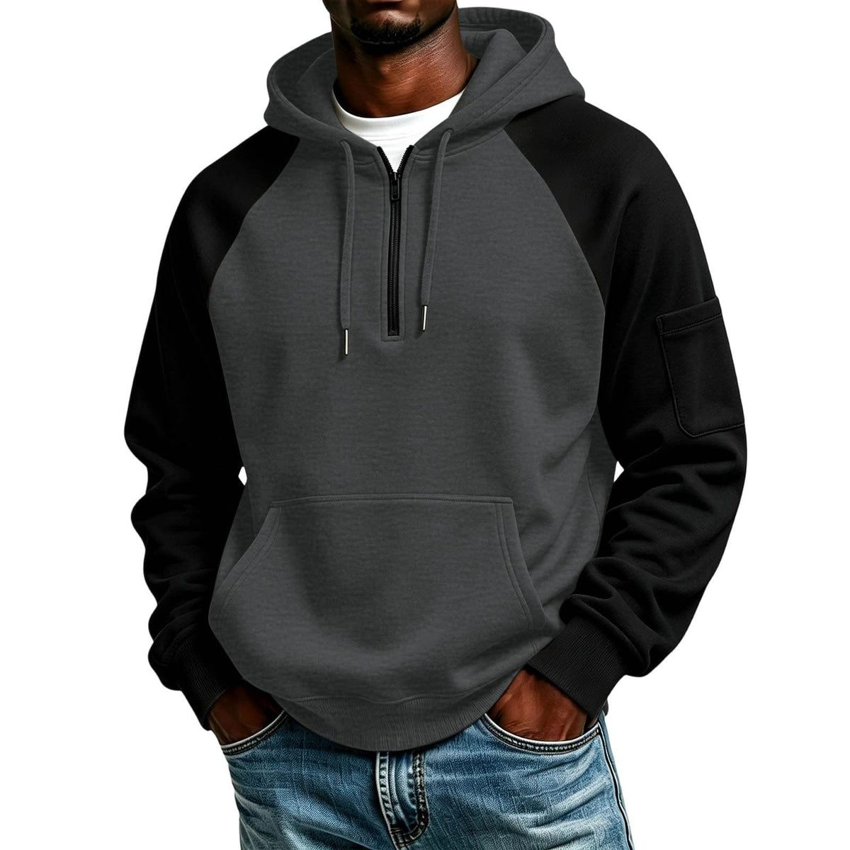 Quarter Zip Hoodies for Men Contrast Kangaroo Pocket Sweatshirt