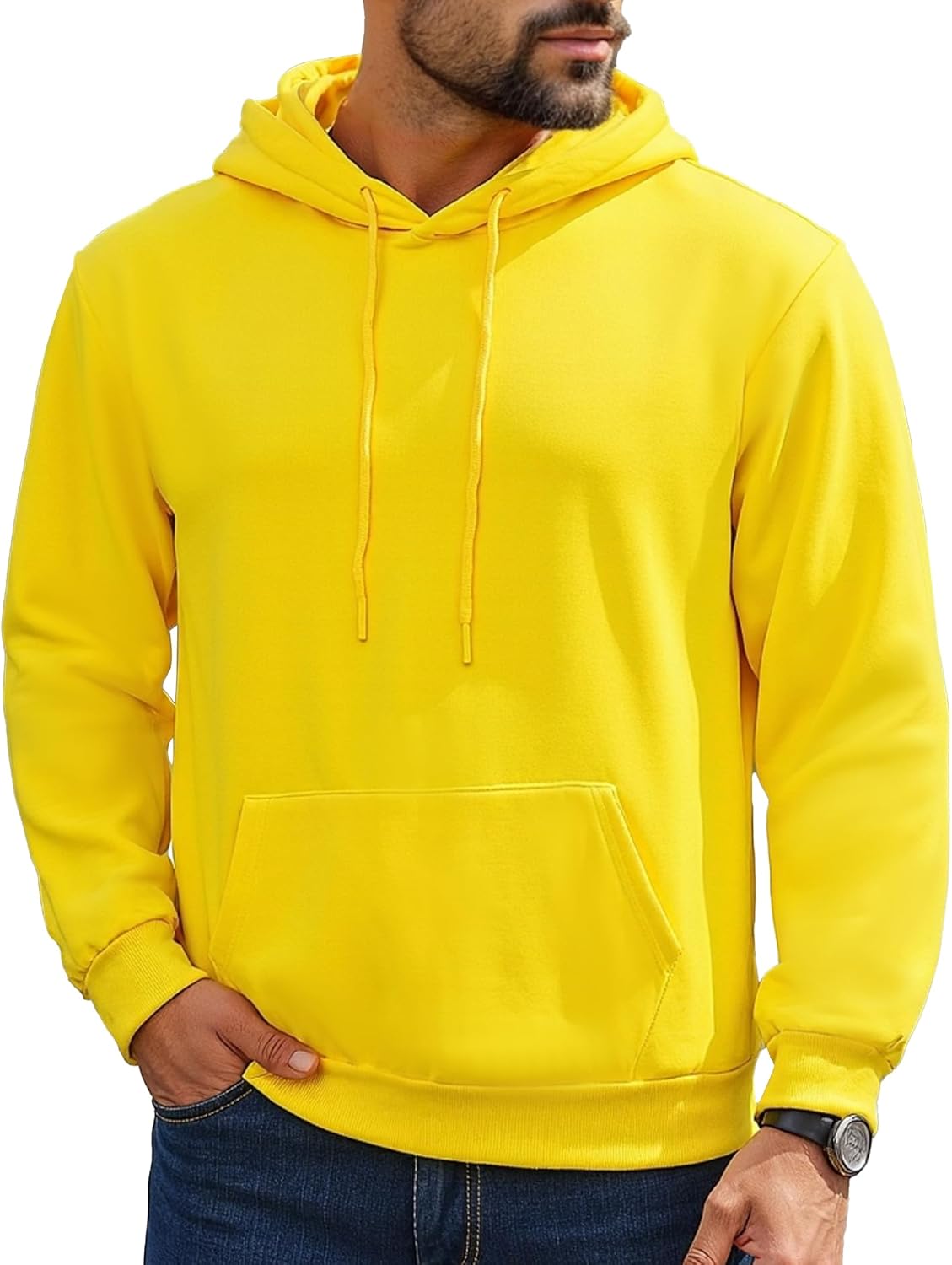 Mens Hoodies Pullover Midweight Fashion Long Sleeve Casual Hooded Sweatshirt Solid Color Fleece-Lined Hoodie