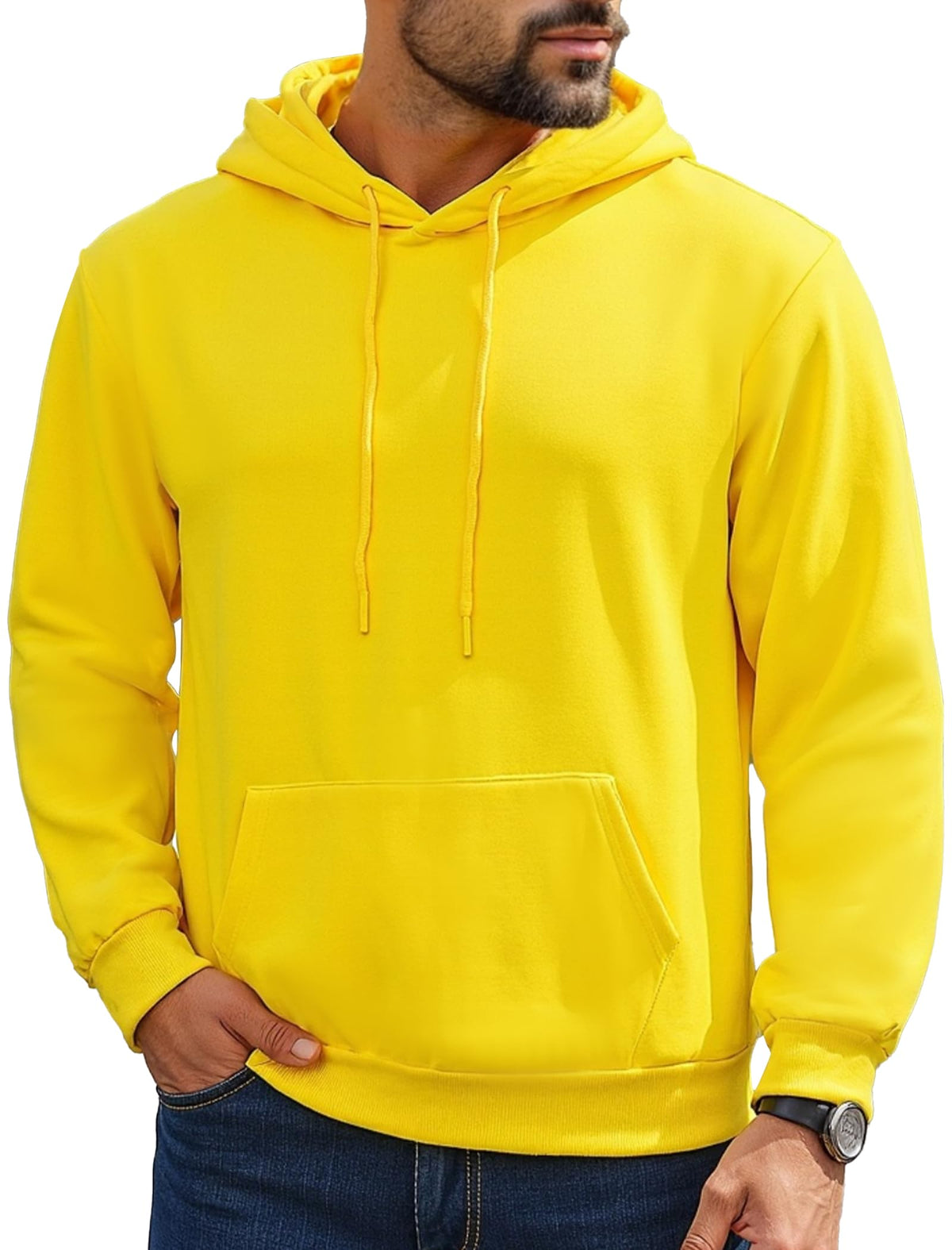 Mens Hoodies Pullover Midweight Fashion Long Sleeve Casual Hooded Sweatshirt Solid Color Fleece-Lined Hoodie