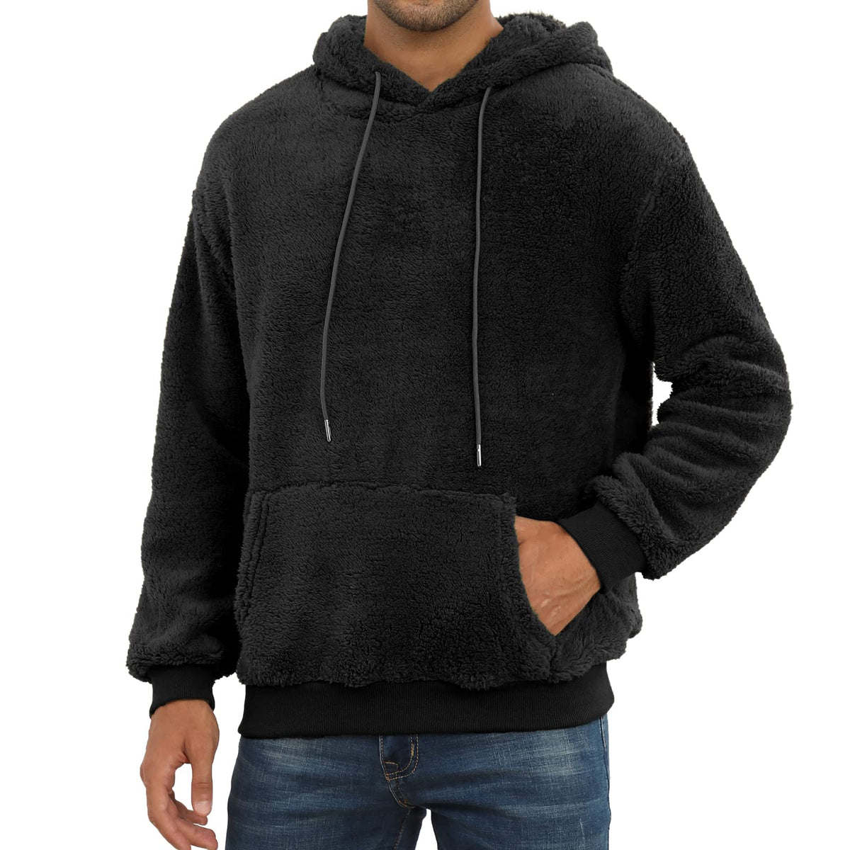 PEGENO Mens Fuzzy Sherpa Hoodie Pullover Sweatshirts Loose Cozy Pocket Long Sleeve Winter Hooded Outwear