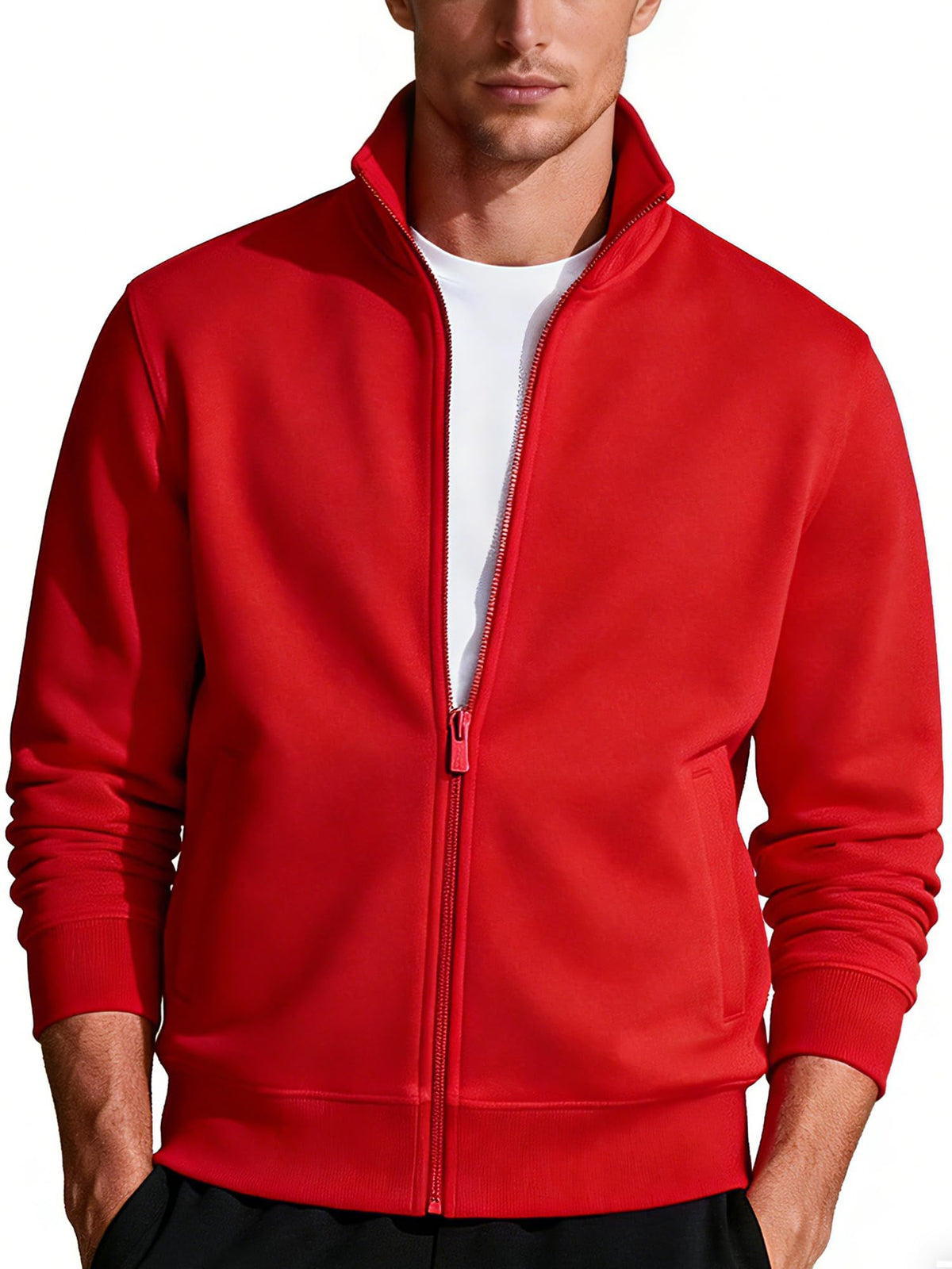 Mens Zip Up Sweatshirt No Hood Mock Neck Sweatshirts Men's Fleece Jackets Full Zip Lightweight Jacket Seam Pocket