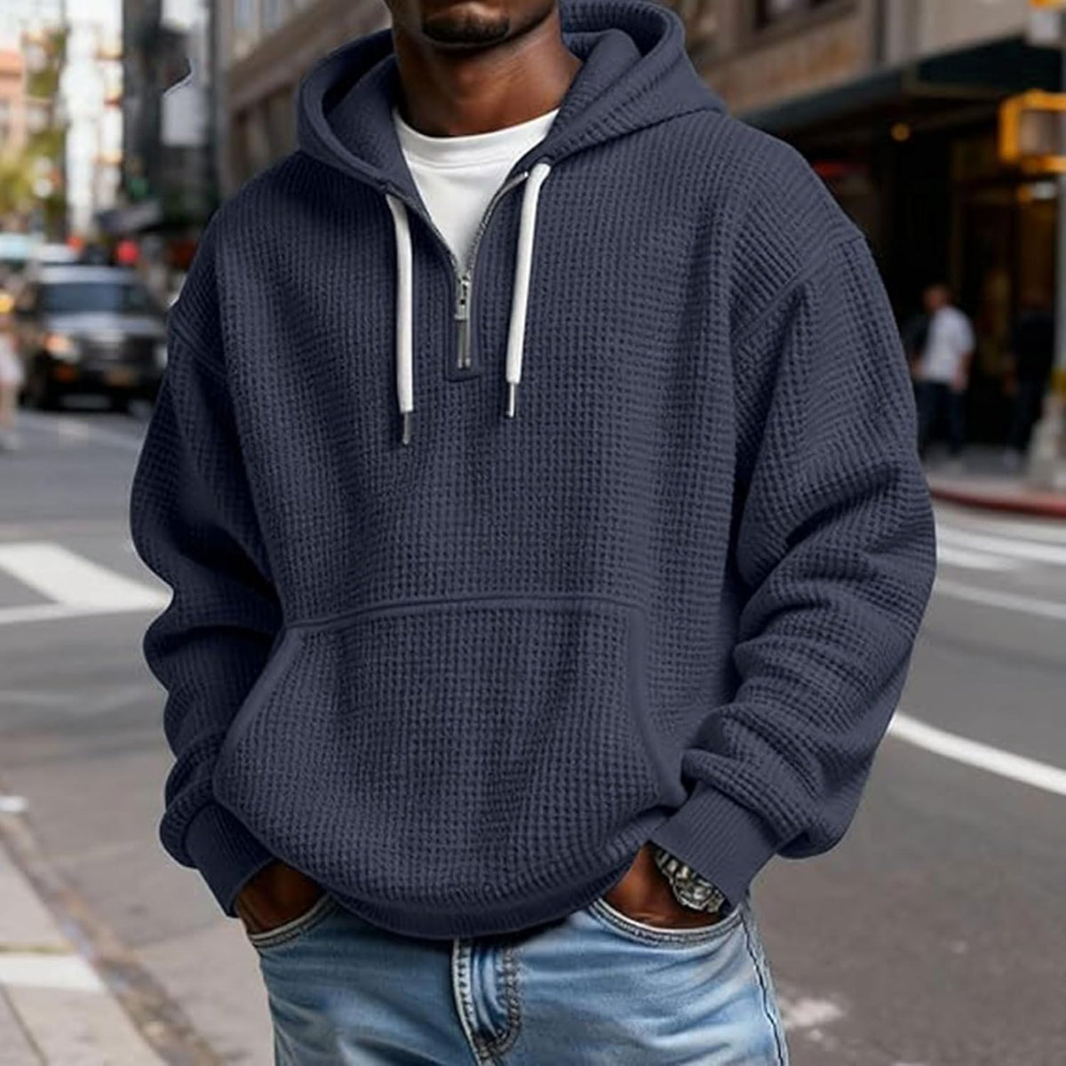 Mens Quarter Zip Hoodie Oversized Fall Waffle Knit Hooded Sweatshirt