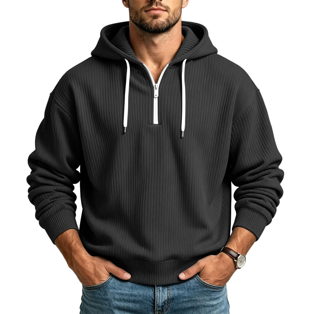 Corduroy Hoodies for Men Quarter Zip Pullover Sweatshirt