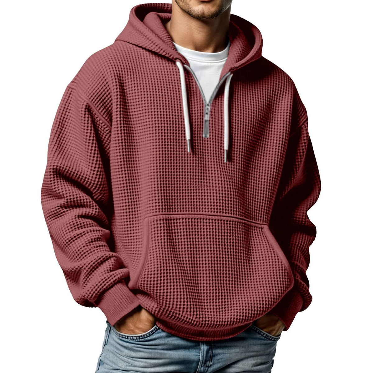 Quarter Zip Pullover Men Waffle Knit Hoodie Casual Long Sleeve Drop Shoulder Sweatshirt Fashion Loose Pullover