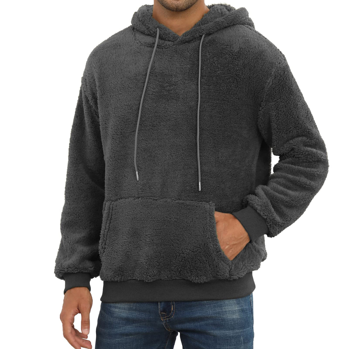 PEGENO Mens Fuzzy Sherpa Hoodie Pullover Sweatshirts Loose Cozy Pocket Long Sleeve Winter Hooded Outwear