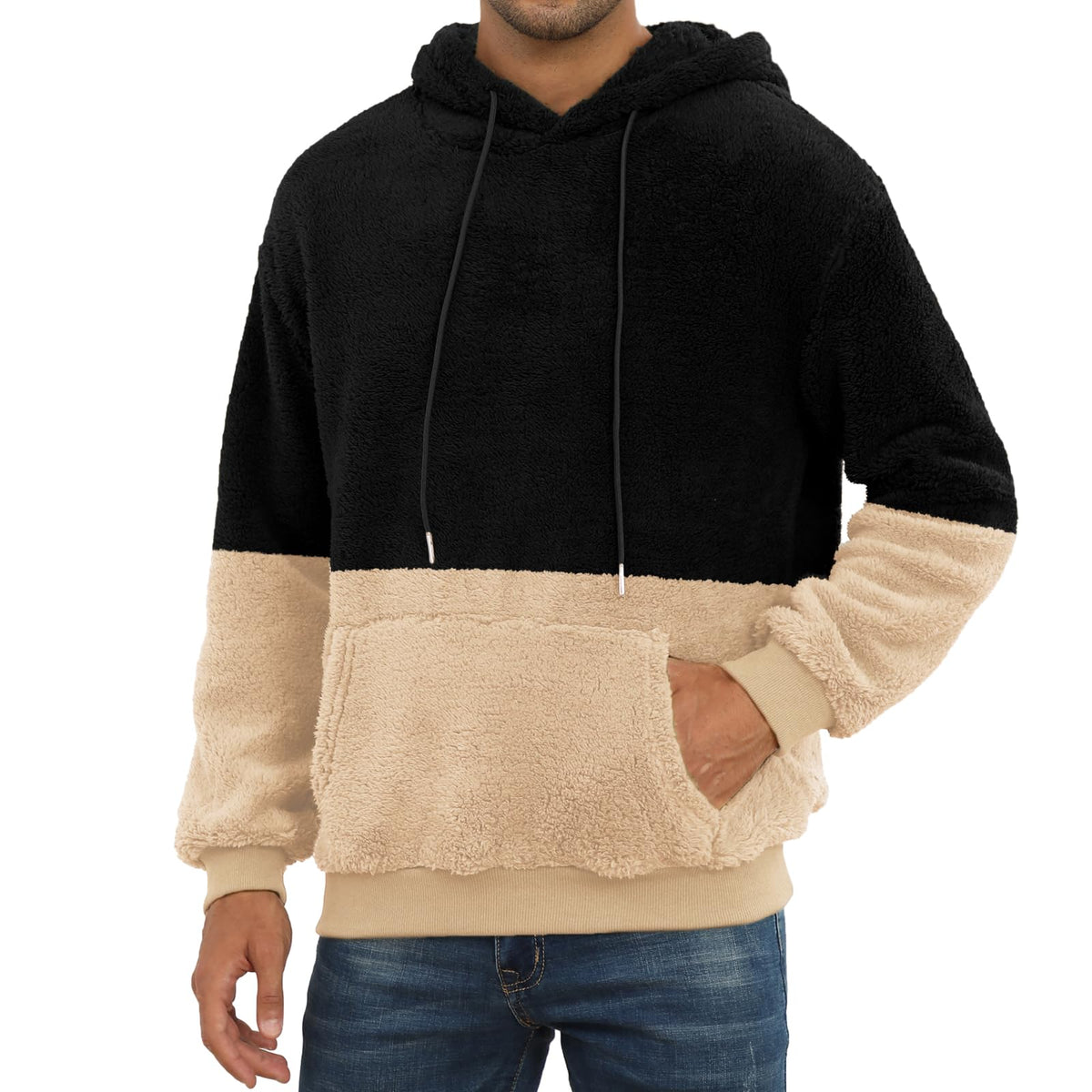 PEGENO Mens Fuzzy Sherpa Hoodie Pullover Sweatshirts Loose Cozy Pocket Long Sleeve Winter Hooded Outwear