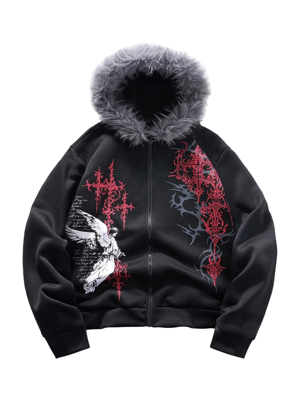 SOLY HUX Men's Y2K Grunge Zip Up Gothic Hoodie with Fur Hood