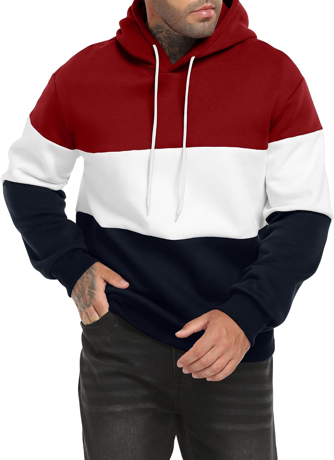 Men's Color Block Hoodies Long Sleeve Hooded Sweatshirt Pullover