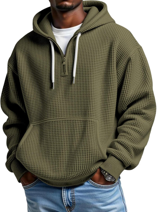 Men's Quarter Zip Waffle Hoodie Casual Pullover Sweatshirt