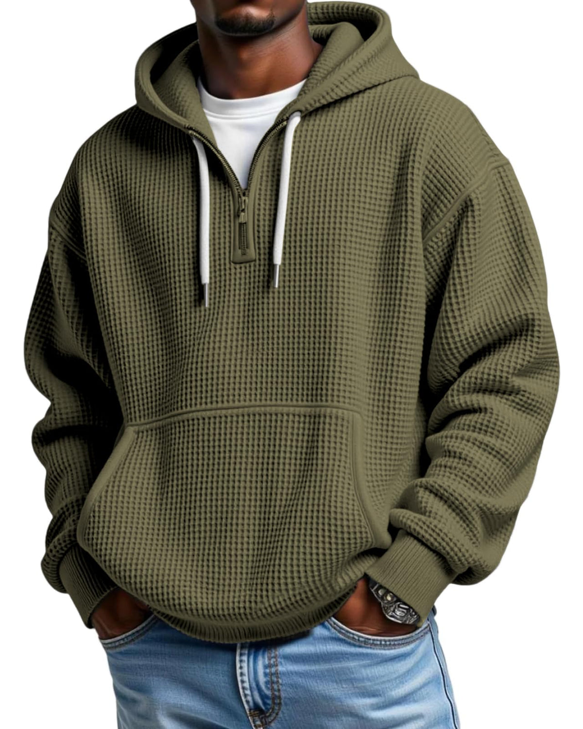 Men's Quarter Zip Waffle Hoodie Casual Pullover Sweatshirt