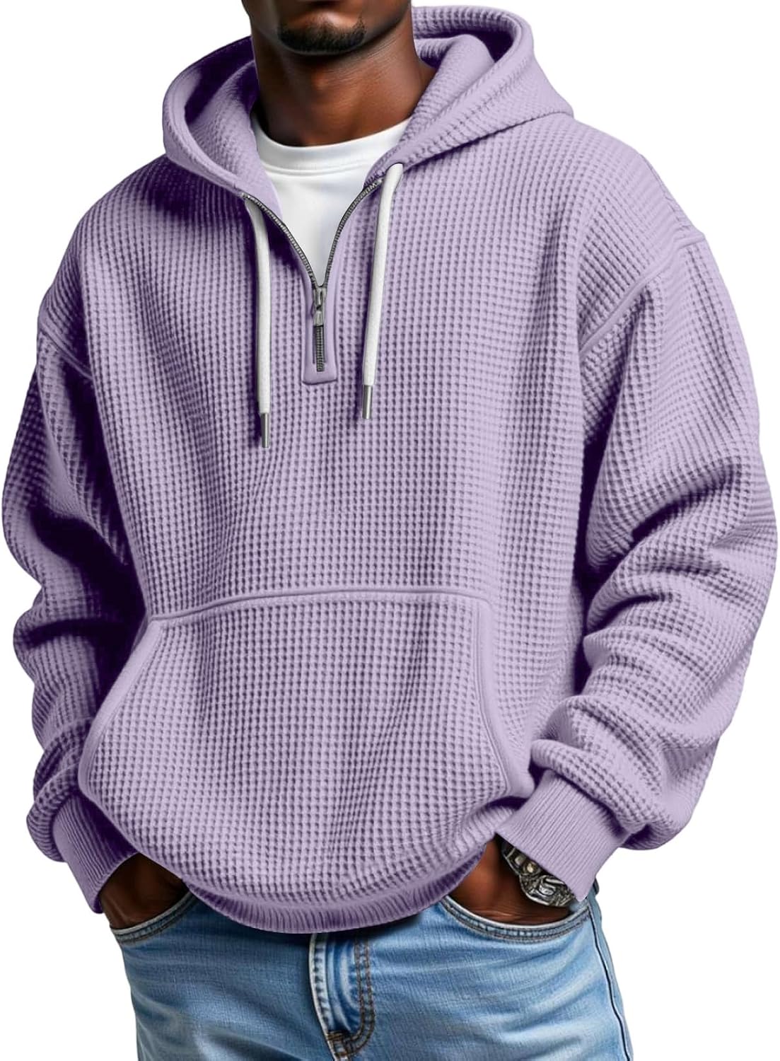 Waffle Knit Hoodie Men Quarter Zip Hoodie Men Comfort Pullover Fitness Long Sleeve Streetwear Sweatshirt
