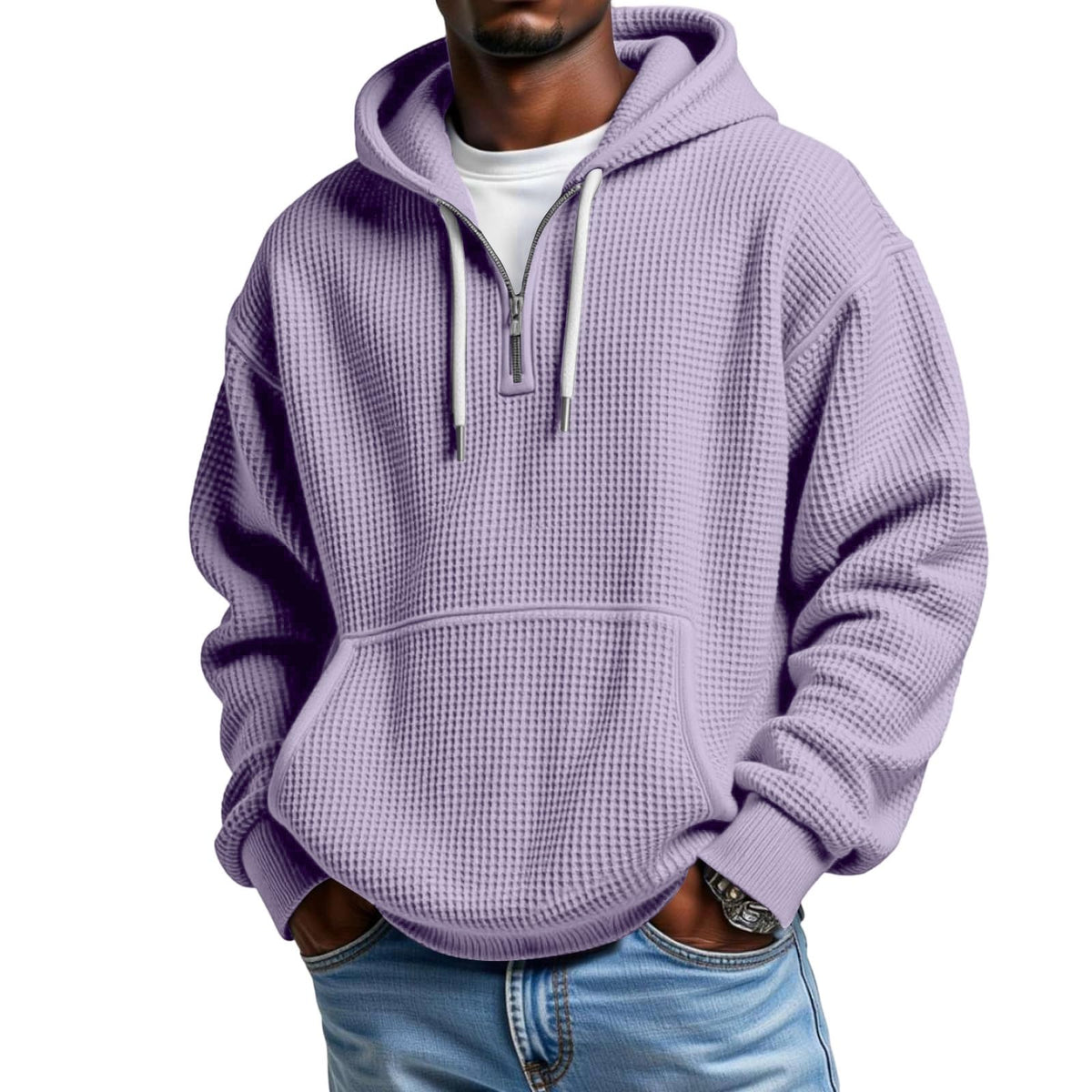 Waffle Knit Hoodie Men Quarter Zip Hoodie Men Comfort Pullover Fitness Long Sleeve Streetwear Sweatshirt