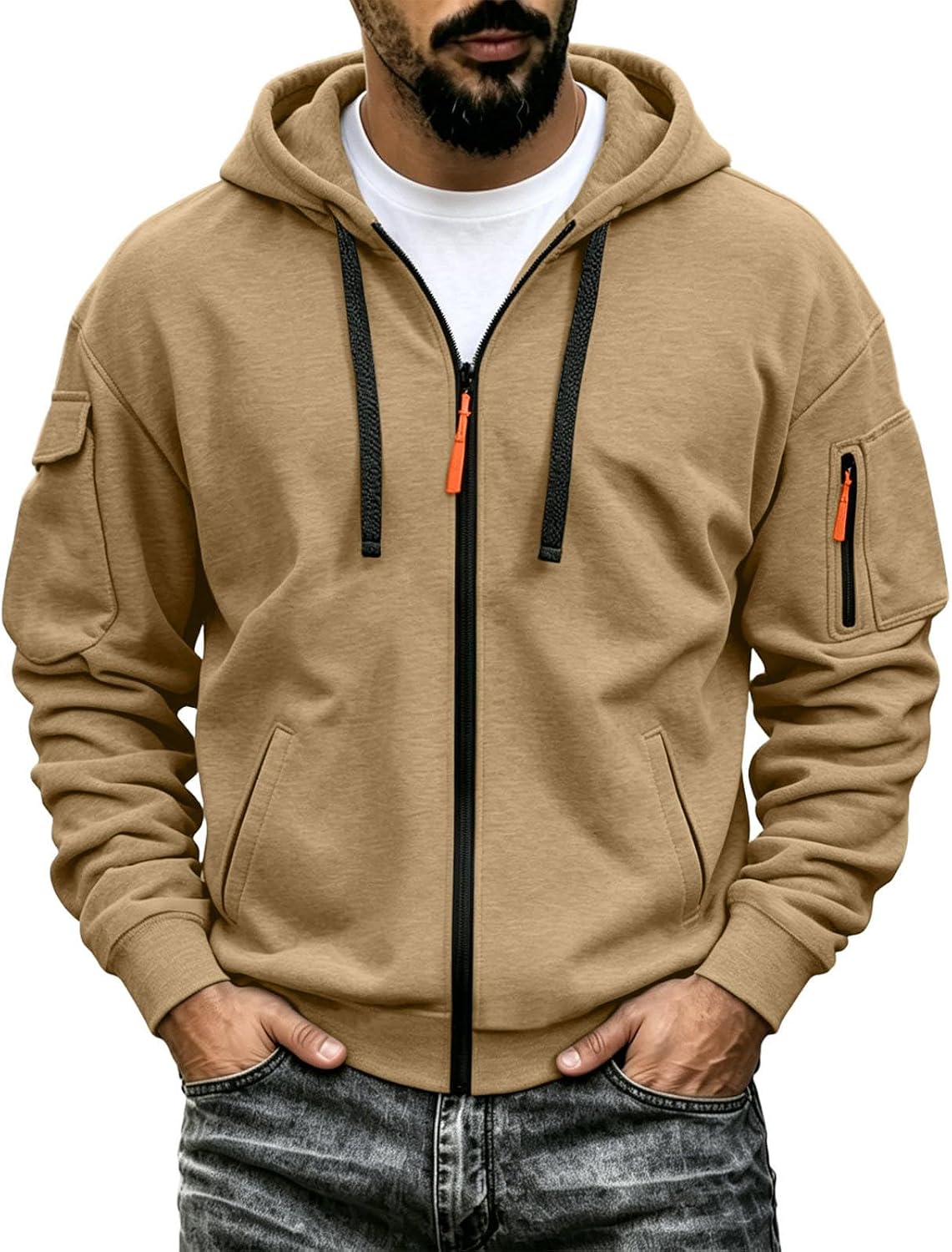 Mens Tactical Hoodie Zip Up Oversized Fashion Sweatshirt