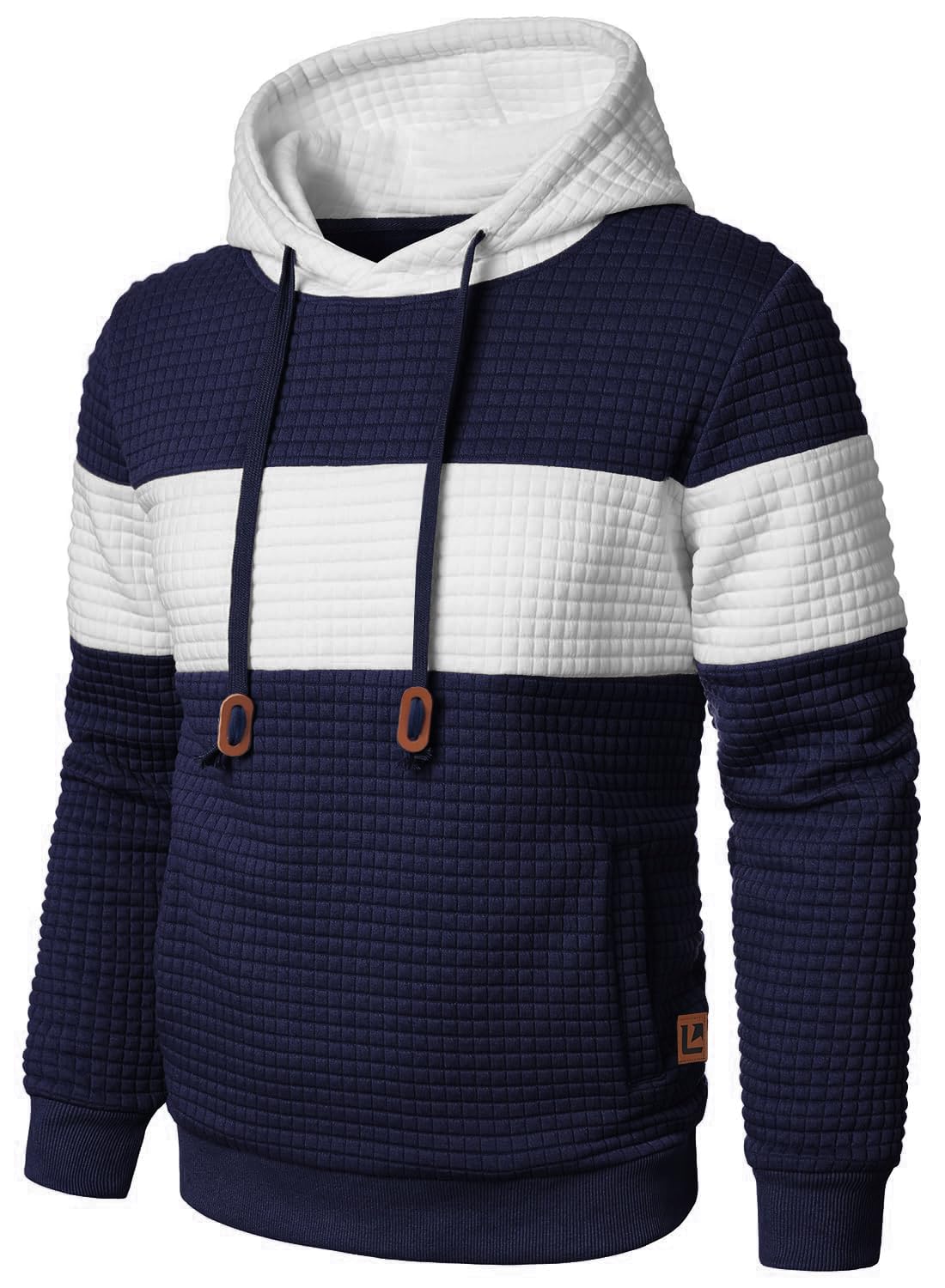 Qichic Men’s Sweatshirts Long Sleeve Pullover Patchwork Plaid Jacquard Hoodie Casual Drawstring Hoody Top