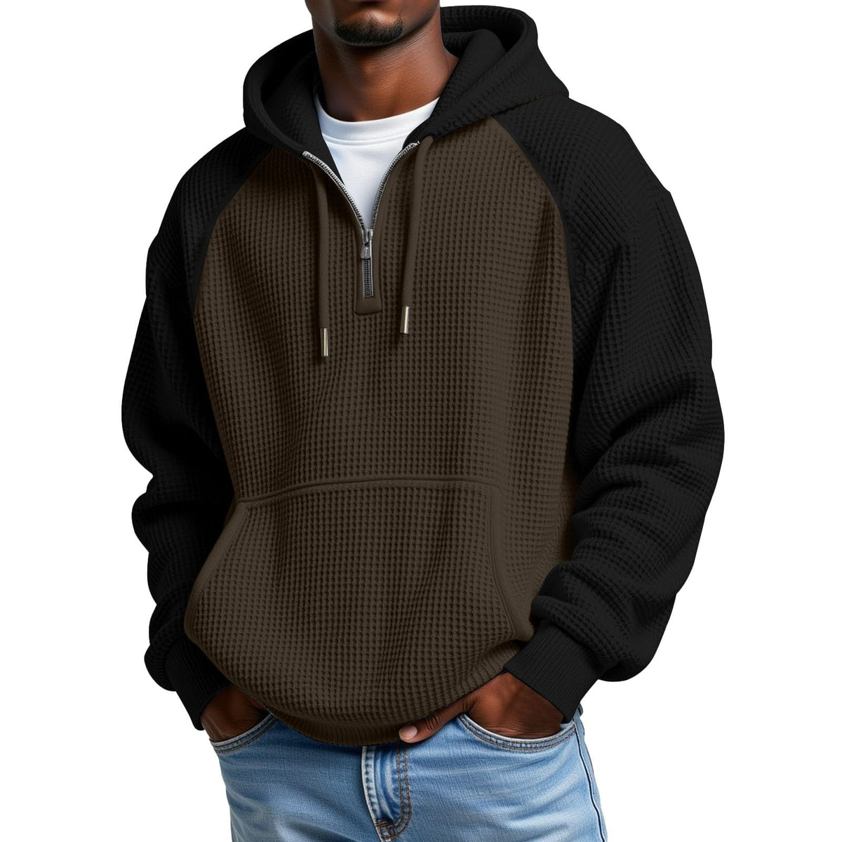 Mens Hoodies Pullover Quarter Zip Casaul Long Sleeve Drawstring Waffle Knit Hooded Sweatshirt with Pocket