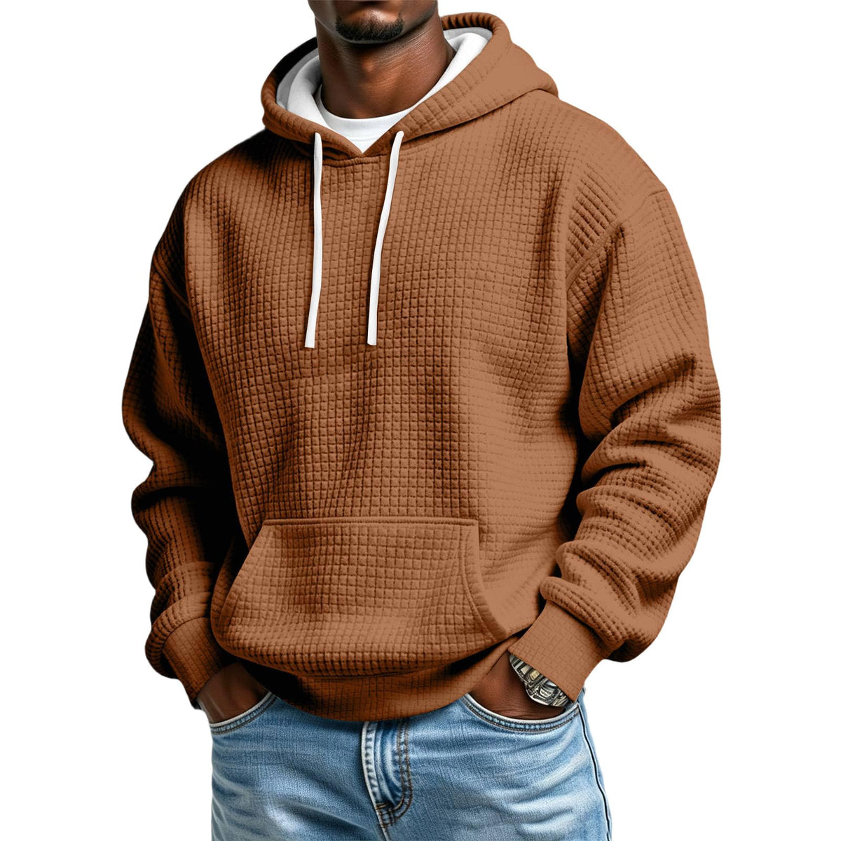 Men's Hoodie Pullover Fleece Waffle Sweatshirts Casual Plus Size Hoodie