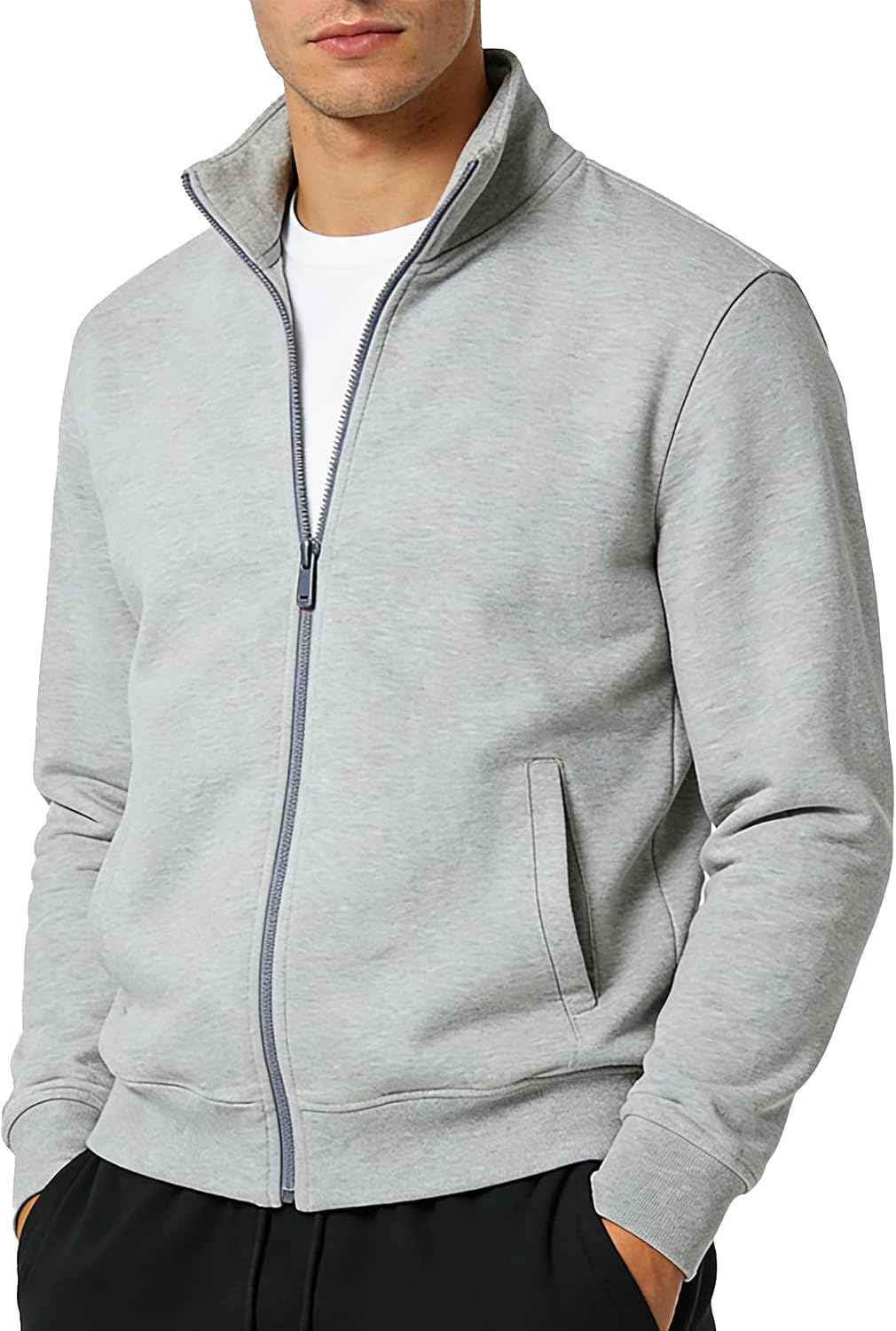 Mens Zip Up Sweatshirt No Hood Mock Neck Sweatshirts Men's Fleece Jackets Full Zip Lightweight Jacket Seam Pocket