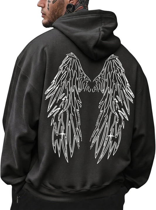 Mens Graphic Hoodies Streetwear Vintage Pullover Y2K Gothic Sweatshirts Angel Wings Casual Sweatshirt
