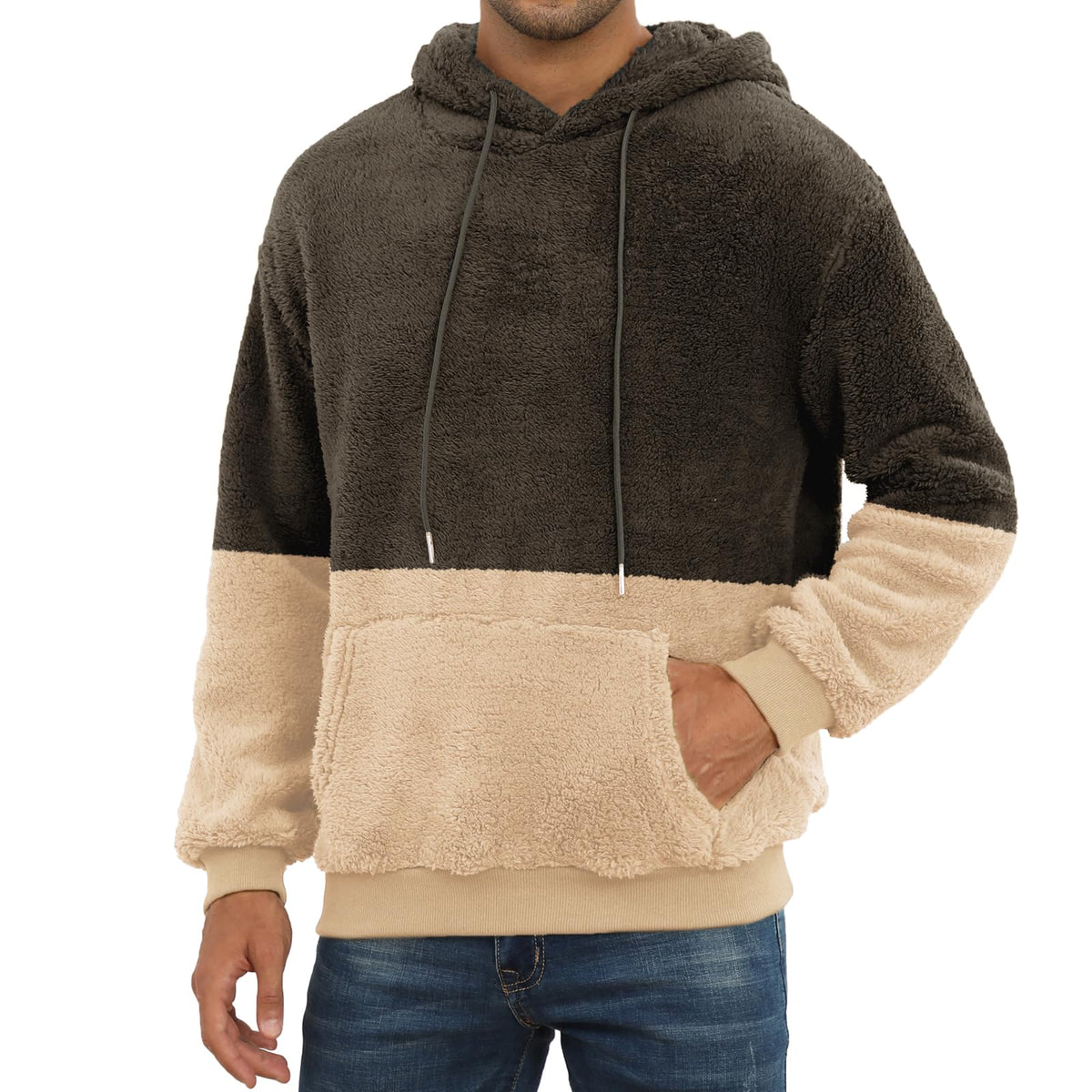 PEGENO Mens Fuzzy Sherpa Hoodie Pullover Sweatshirts Loose Cozy Pocket Long Sleeve Winter Hooded Outwear