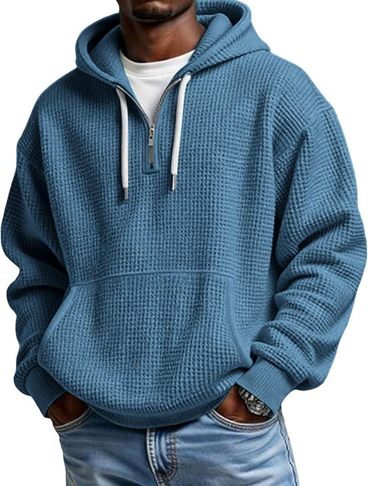 Hoodies for Men Waffle Quarter Zip Pullover Oversized Sweatshirt
