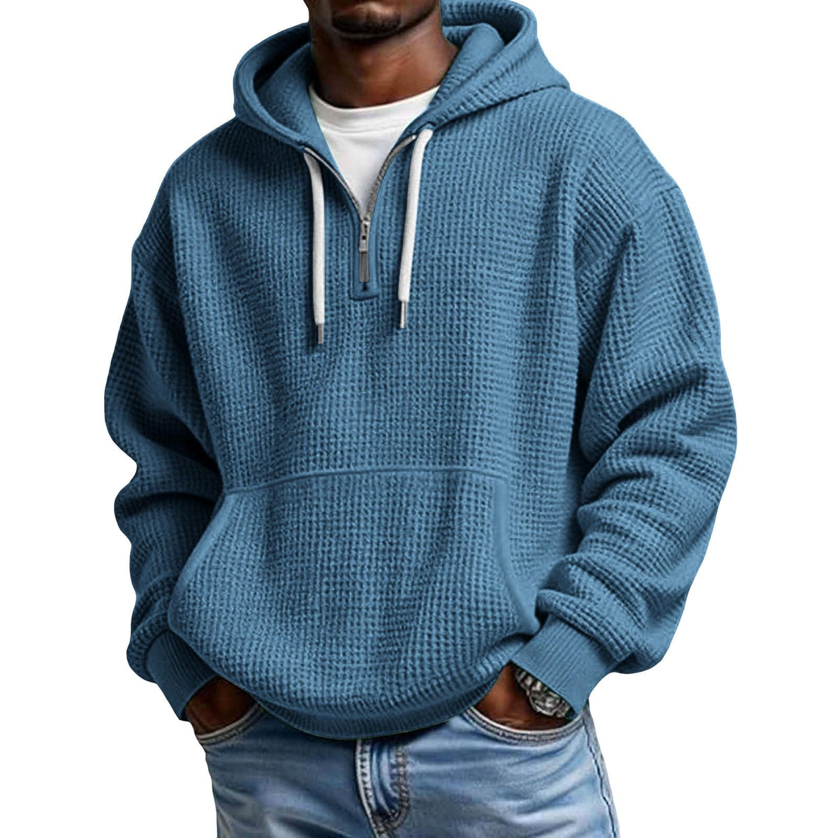 Mens Quarter Zip Hoodie Oversized Fall Waffle Knit Hooded Sweatshirt