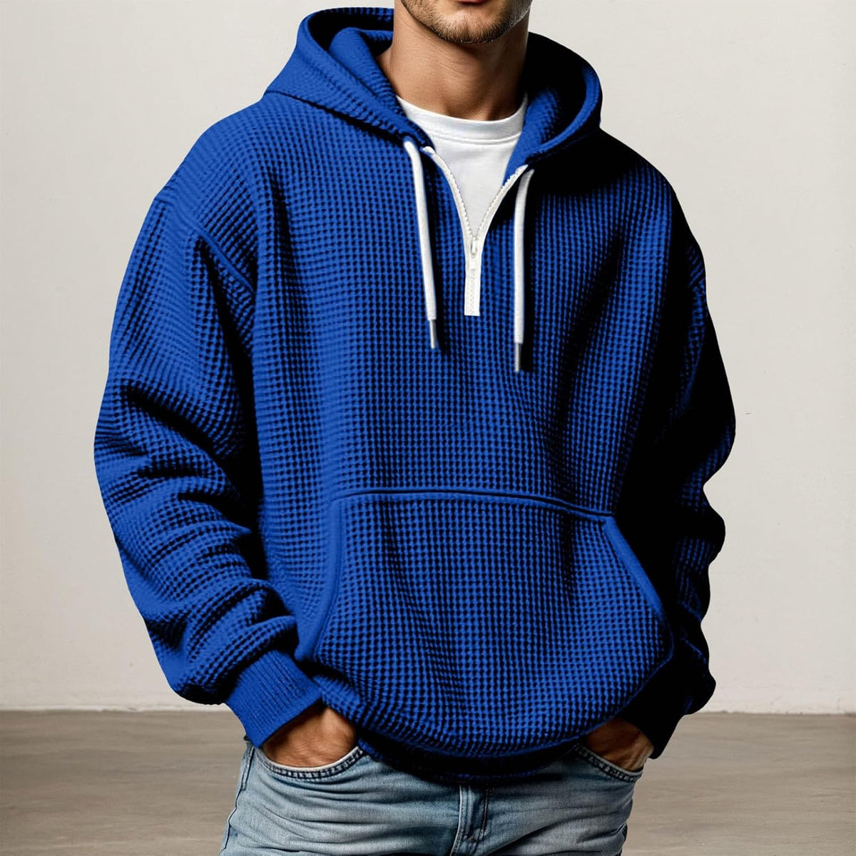 Quarter Zip Pullover Men Waffle Knit Hoodie Casual Long Sleeve Drop Shoulder Sweatshirt Fashion Loose Pullover