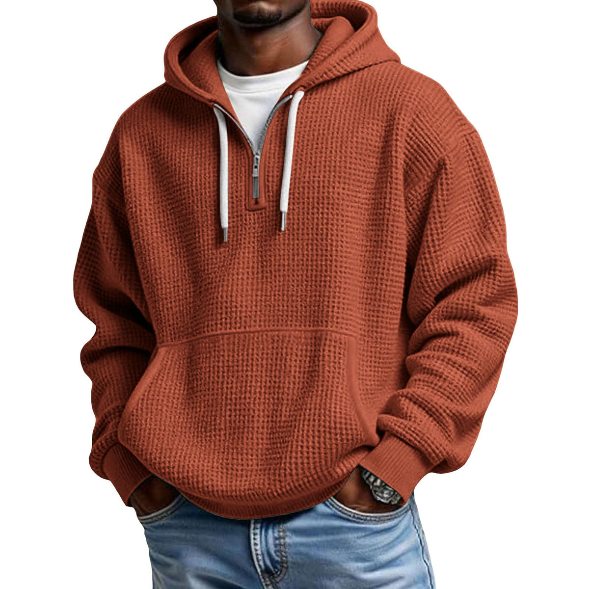 Mens Quarter Zip Hoodie Oversized Fall Waffle Knit Hooded Sweatshirt
