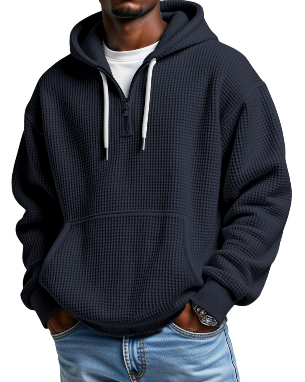 Men's Quarter Zip Waffle Hoodie Casual Pullover Sweatshirt