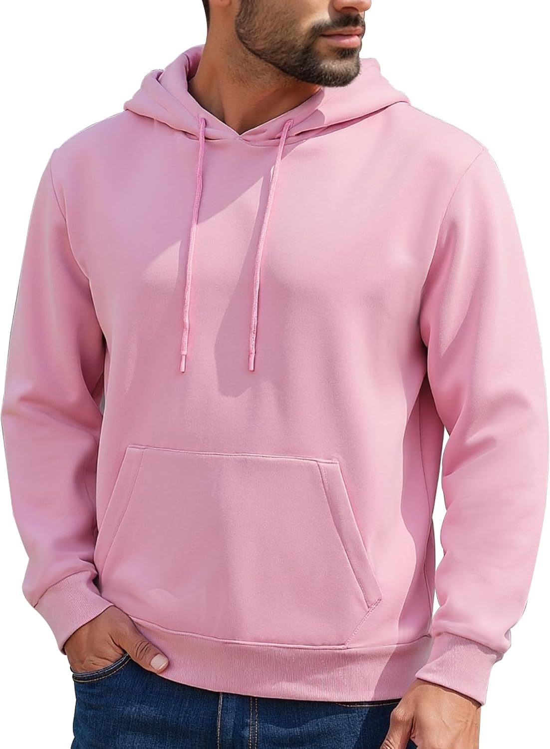 Mens Hoodies Pullover Midweight Fashion Long Sleeve Casual Hooded Sweatshirt Solid Color Fleece-Lined Hoodie